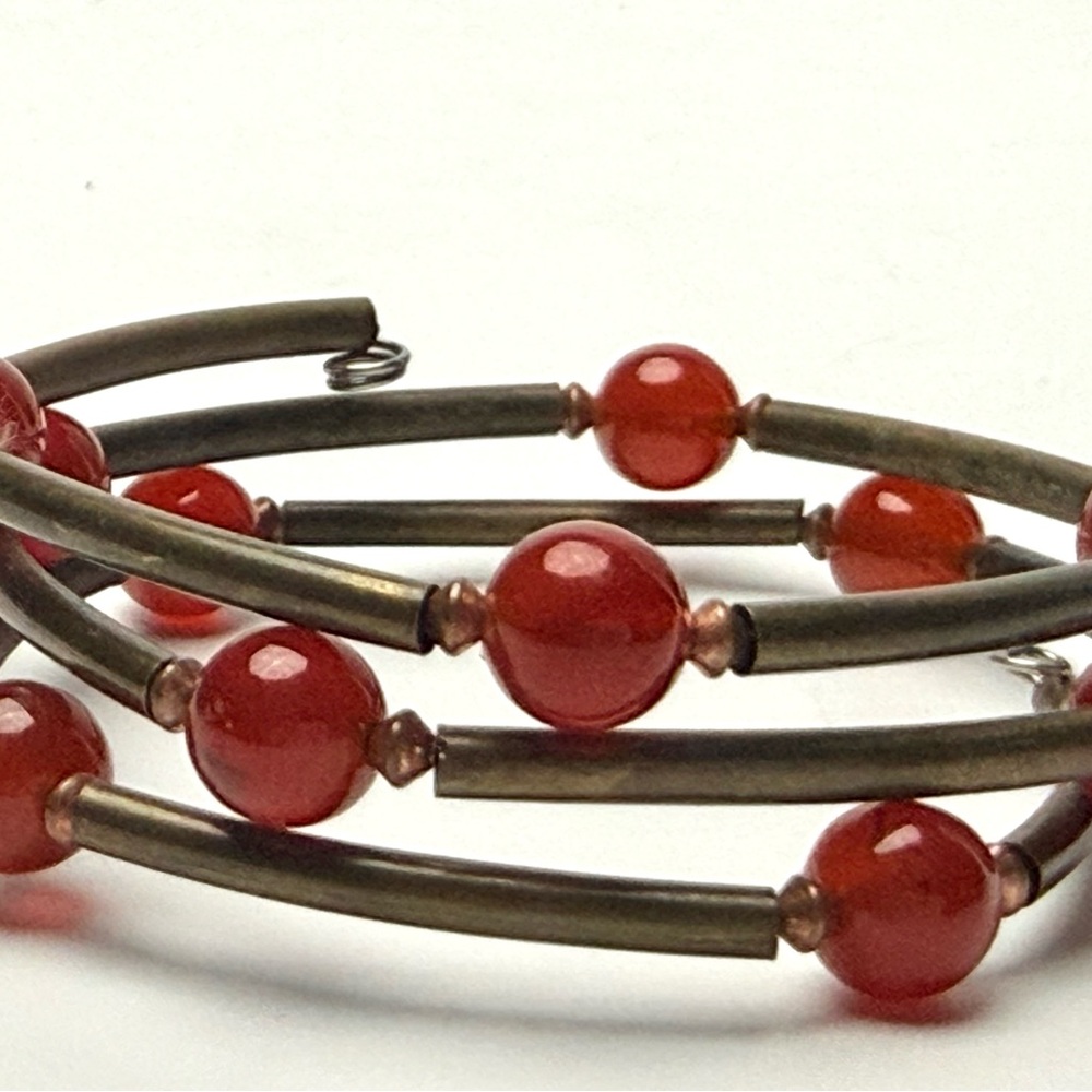 VTG Red Beaded Brass Tone Coil Bracelet Boho Wrap Style Statement